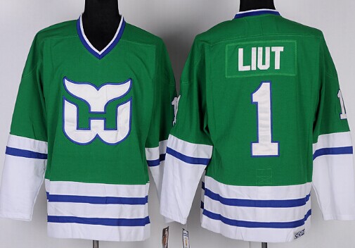 Men's Hartford Whalers #1 Mike Liut 1989-90 Green CCM Vintage Throwback Jersey Stitched