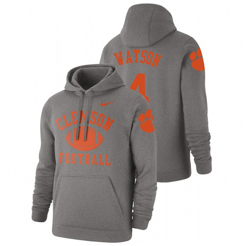 Men's Heathered Gray Clemson Tigers Deshaun Watson Retro Football Pullover Hoodie