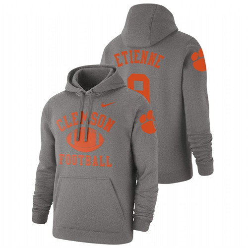 Men's Heathered Gray Clemson Tigers Travis Etienne Retro Football Pullover Hoodie