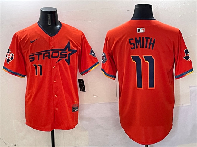 Men's Houston Astros #11 Cam Smith Orange 2025 City Connect With Texas Patch Limited Stitched Baseball Jersey
