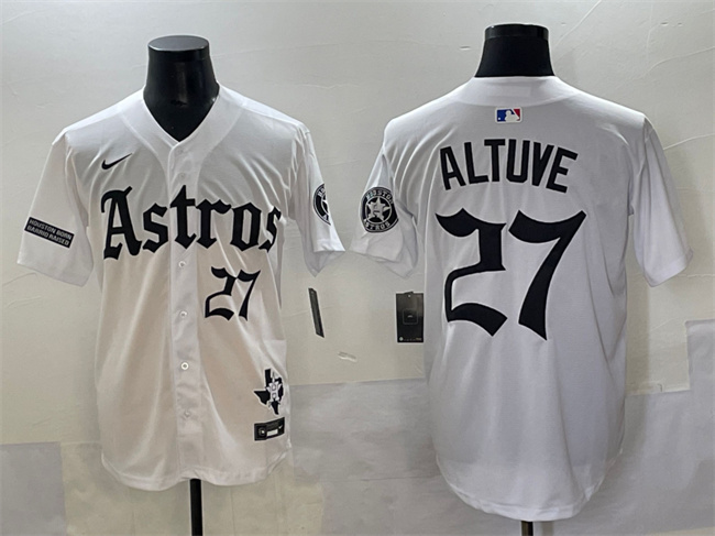 Men's Houston Astros #27 Jose Altuve White Gothic 'Houston Born Barrio Raised' Limited Stitched Baseball Jersey