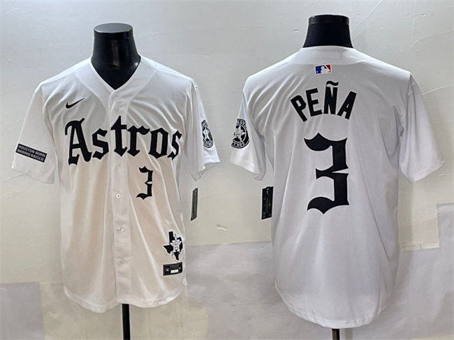 Men's Houston Astros #3 Jeremy Pena White Gothic 'Houston Born Barrio Raised' Limited Stitched Baseball Jersey