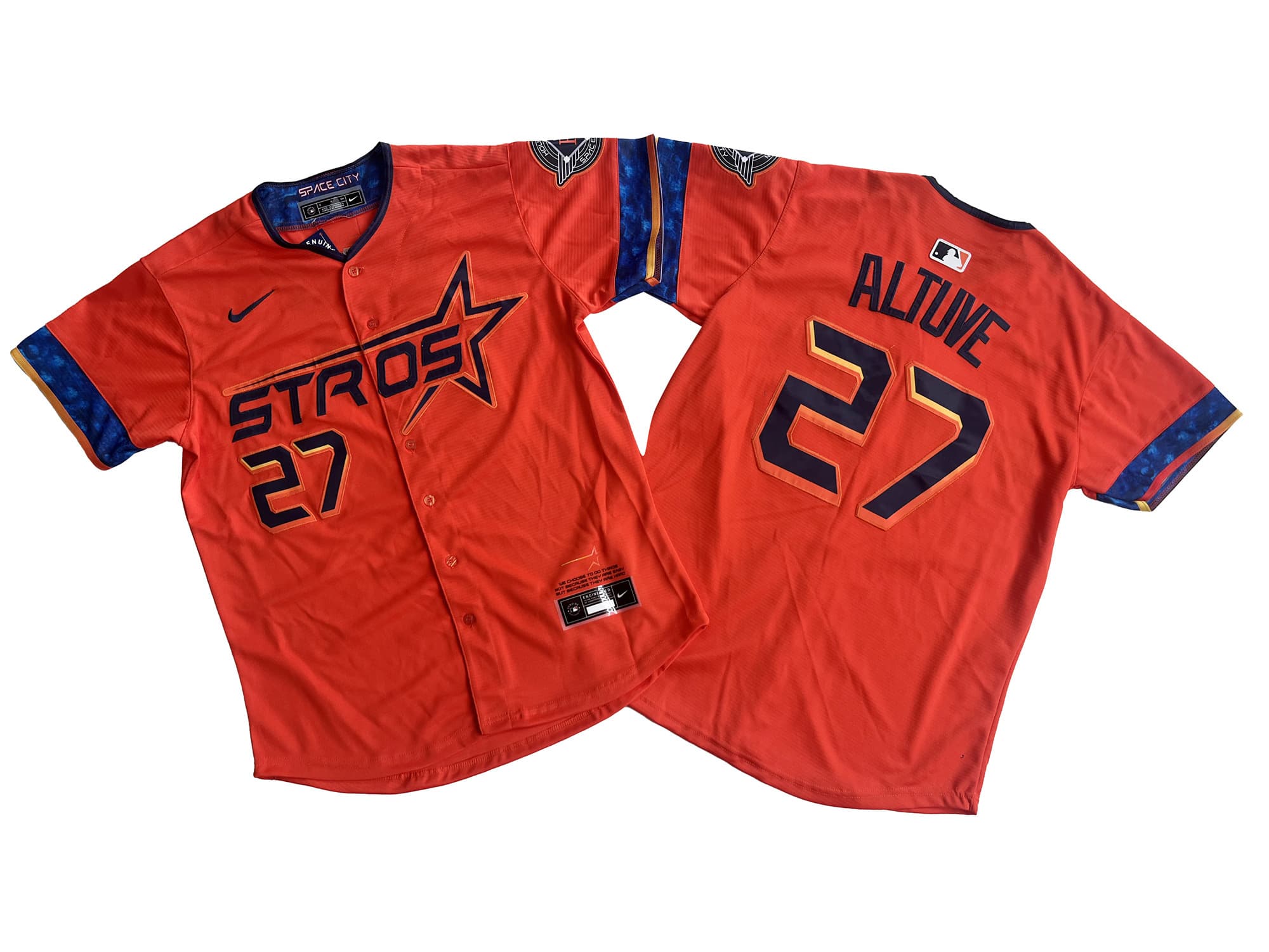 Men's Houston Astros Jose Altuve Nike Orange 2025 City Connect Limited Player Jersey.