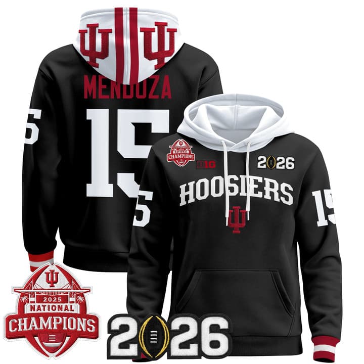 Men's Indiana Hoosiers 2025 National Champions  & 2026 CFP Final Patch Premium Pullover Hoodie V2 - All Stitched Fernando Mendoza 15