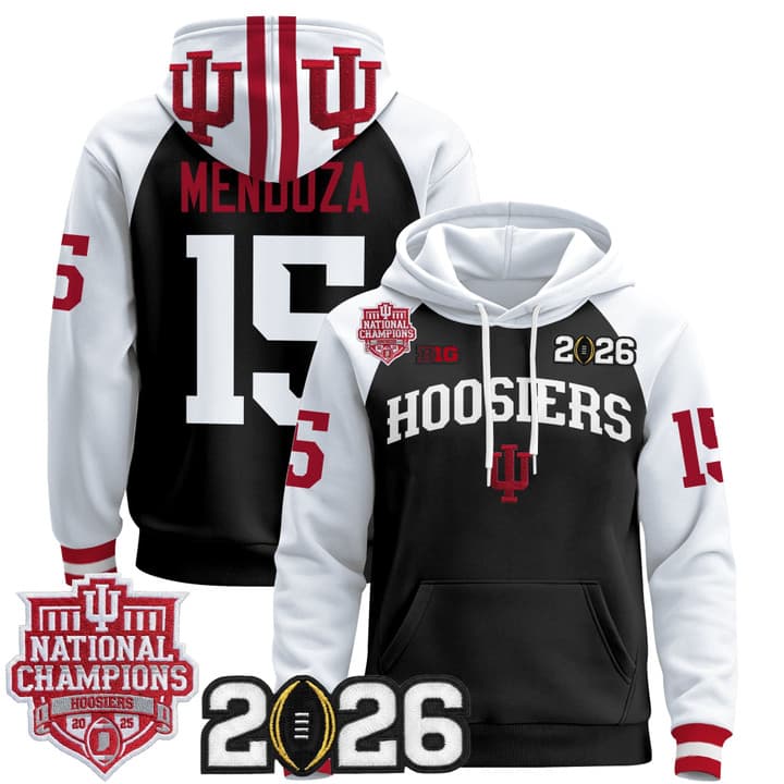 Men's Indiana Hoosiers 2025 National Champions & 2026 CFP Final Patch Premium Pullover  Hoodie V2 - All  Stitched Fernando Mendoza 15