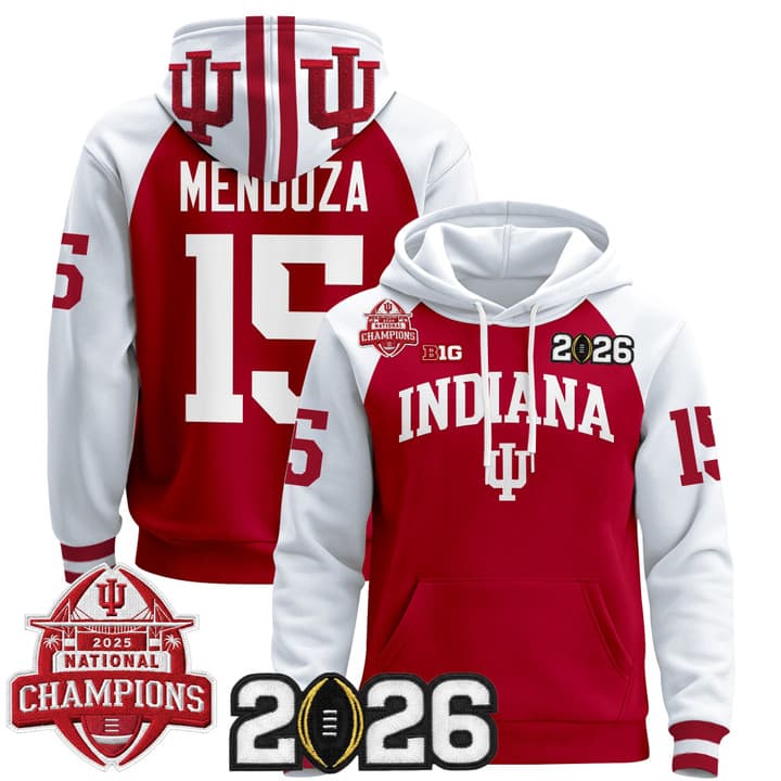 Men's Indiana Hoosiers 2025 National Champions & 2026 CFP Final Patch Premium Pullover  Hoodie V2 - All Stitched Fernando Mendoza # 15