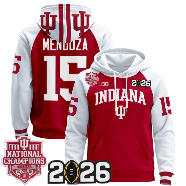 Men's Indiana Hoosiers 2025 National Champions & 2026 CFP Final Patch Premium Pullover Hoodie V2 - All Stitched Fernando   Mendoza 15