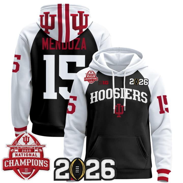 Men's Indiana Hoosiers 2025 National Champions & 2026 CFP Final Patch Premium Pullover Hoodie V2 - All Stitched Fernando  Mendoza ##15
