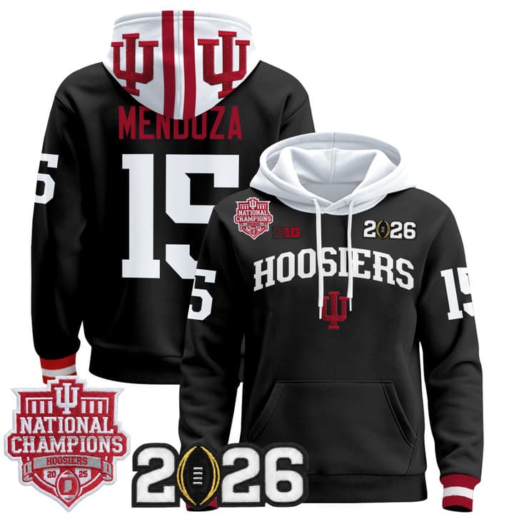 Men's Indiana Hoosiers 2025 National Champions & 2026 CFP Final Patch Premium Pullover Hoodie V2 - All Stitched Fernando  Mendoza 15