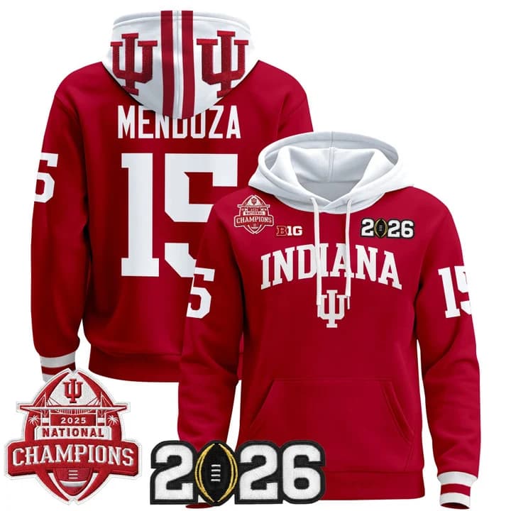 Men's Indiana Hoosiers 2025 National Champions & 2026 CFP Final Patch Premium Pullover Hoodie V2 - All Stitched Fernando Mendoza  15