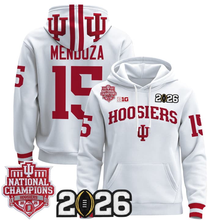 Men's Indiana Hoosiers 2025 National Champions & 2026 CFP Final Patch Premium Pullover Hoodie V2 - All Stitched Fernando Mendoza #15