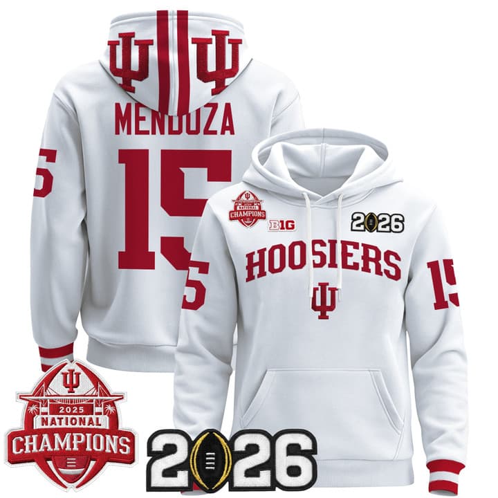 Men's Indiana Hoosiers 2025 National Champions & 2026 CFP Final Patch Premium Pullover Hoodie V2 - All Stitched Fernando Mendoza 15