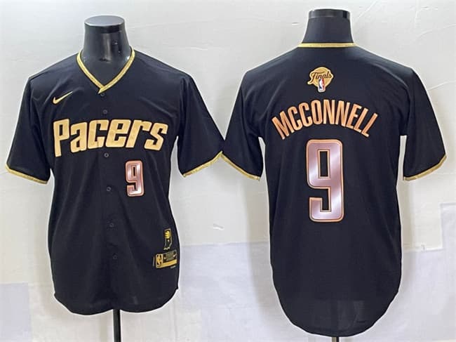 Men's Indiana Pacers #9 T.J. McConnell Black Gold 2025 Finals Vapor Stitched Baseball Jersey