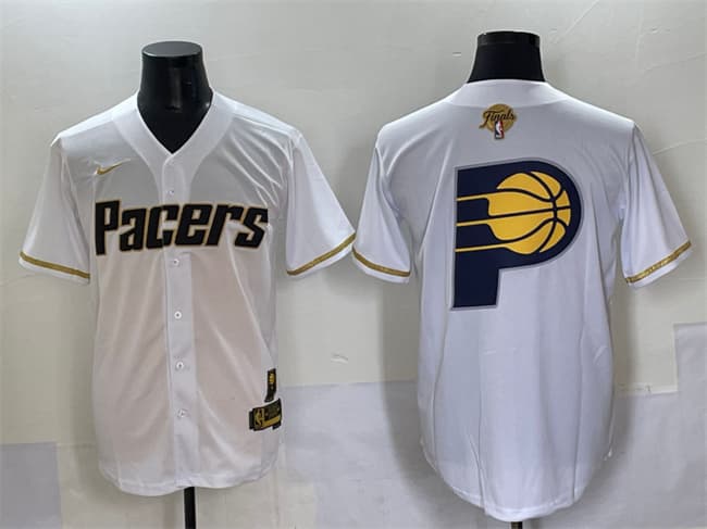 Men's Indiana Pacers Team Big Logo White Gold 2025 Finals Vapor Stitched Baseball Jersey