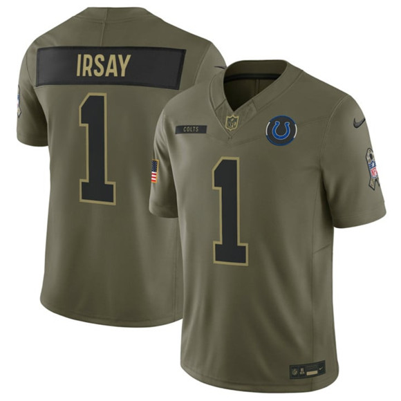 Men's Indianapolis Colts #1 Jim Irsay Olive 2025 Salute to Service Limited Football Stitched Jersey