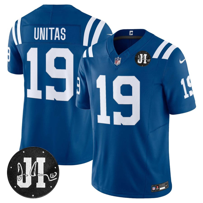 Men's Indianapolis Colts #19 Johnny Unitas Blue 2025 F.U.S.E. Jim Irsay Patch Vapor Limited Football Stitched Jersey