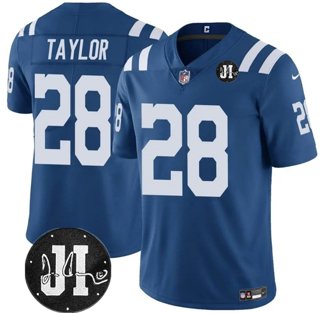 Men's Indianapolis Colts #28 Jonathan Taylor Blue Jim Irsay Patch Vapor Limited Football Stitched Jersey