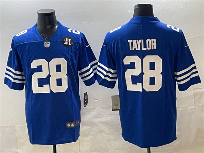 Men's Indianapolis Colts #28 Jonathan Taylor Blue Jim Irsay Patch Vapor Limited Football Stitched Jersey