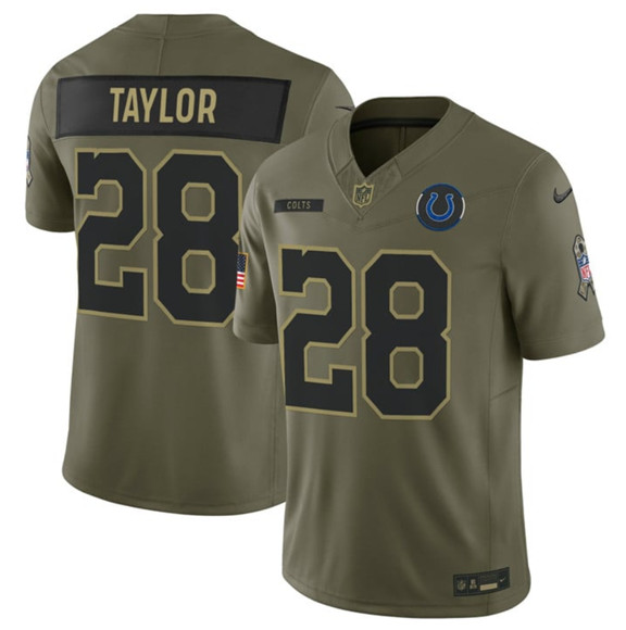 Men's Indianapolis Colts #28 Jonathan Taylor Olive 2025 Salute to Service Limited Football Stitched Jersey
