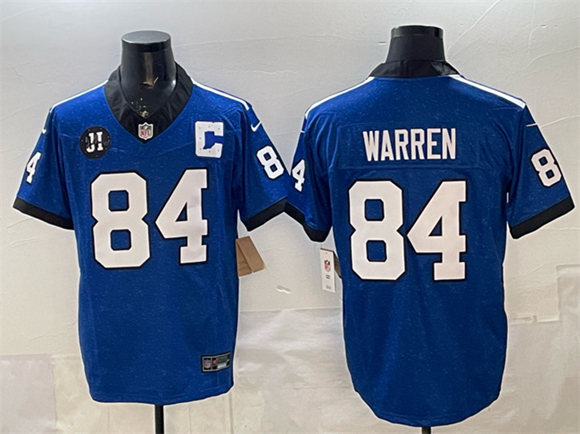 Men's Indianapolis Colts #84 Tyler Warren Blue 2025 F.U.S.E. Jim Irsay Patch Throwback Vapor Limited Football Stitched Jersey