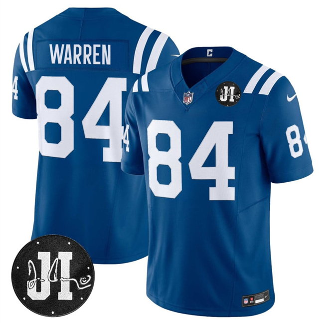 Men's Indianapolis Colts #84 Tyler Warren Blue 2025 F.U.S.E. Jim Irsay Patch Vapor Limited Football Stitched Jersey