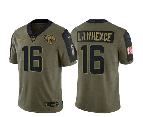 Men's Jacksonville Jaguars #16 Trevor Lawrence 2021 Olive Salute To Service Limited Stitched Jersey