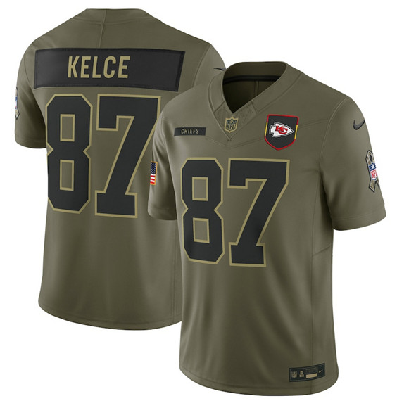Men's Kansas City Chiefs #87 Travis Kelce Olive 2025 Salute to Service Limited Football Stitched Jersey