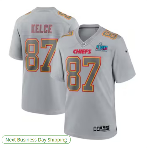 Men's Kansas City Chiefs Travis Kelce Nike Gray Super Bowl LVII Patch Atmosphere Fashion Game Jersey