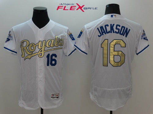 Men's Kansas City Royals Retired Player #16 Bo Jackson White World Series Champions Gold Program Jersey