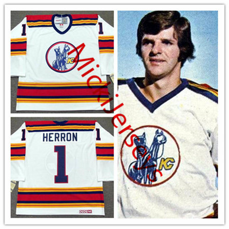 Men's Kansas City Scouts #1 DENIS HERRON White 1975 CCM Vintage Throwback Home NHL Jersey Stitched