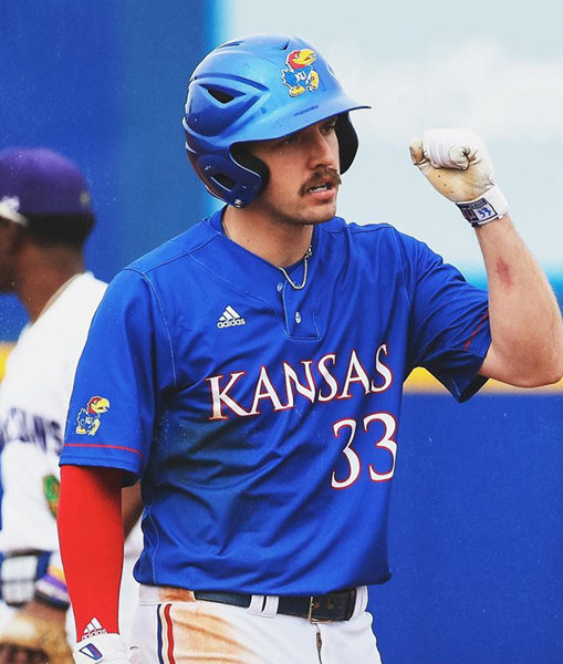 Men's Kansas Jayhawks #33 Dylan Ditzenberger two-Button Pullover Roayl College Baseball Game Jersey