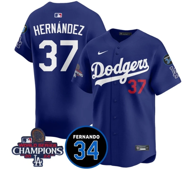 Men's LA Dodgers - World Series Champions 2024Fernando Valenzuela Memorial Jersey - All Stitched N1 37 TEOSCAR HERNANDEZ