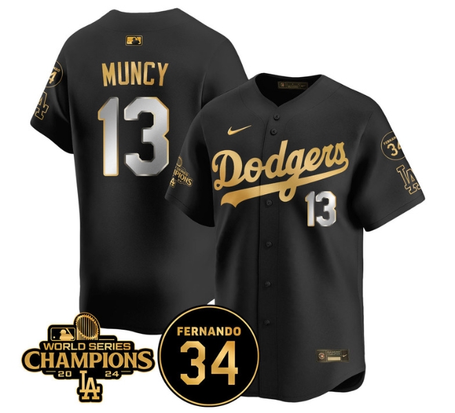 Men's LA Dodgers - World Series Champions 2024Fernando Valenzuela Memorial Jersey - All Stitched N1 BLACK GOLD 13 MAX MUNCY
