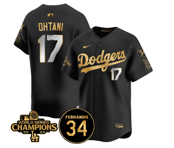 Men's LA Dodgers - World Series Champions 2024Fernando Valenzuela Memorial Jersey - All Stitched N1 BLACK GOLD 17 SHOHEI OHTANI