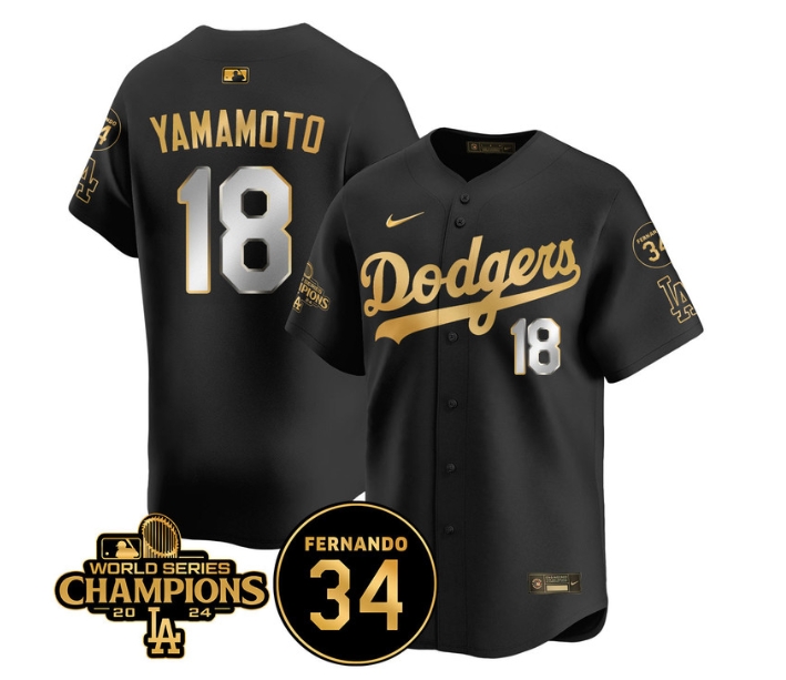 Men's LA Dodgers - World Series Champions 2024Fernando Valenzuela Memorial Jersey - All Stitched N1 BLACK GOLD 18 YOSHINOBU YAMAMOTO