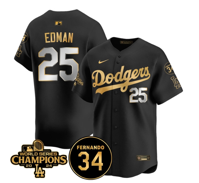 Men's LA Dodgers - World Series Champions 2024Fernando Valenzuela Memorial Jersey - All Stitched N1 BLACK GOLD 25 TOMMY EDMAN