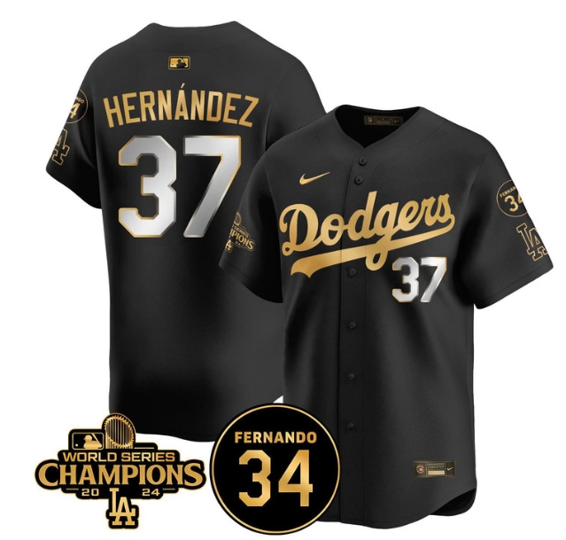 Men's LA Dodgers - World Series Champions 2024Fernando Valenzuela Memorial Jersey - All Stitched N1 BLACK GOLD 37 TEOSCAR HERNANDEZ
