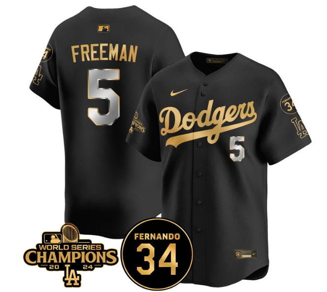 Men's LA Dodgers - World Series Champions 2024Fernando Valenzuela Memorial Jersey - All Stitched N1 BLACK GOLD 5 FREDDIE FREEMAN