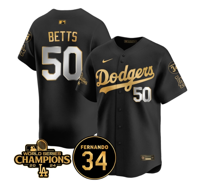 Men's LA Dodgers - World Series Champions 2024Fernando Valenzuela Memorial Jersey - All Stitched N1 BLACK GOLD 50 MOOKIE BETTS