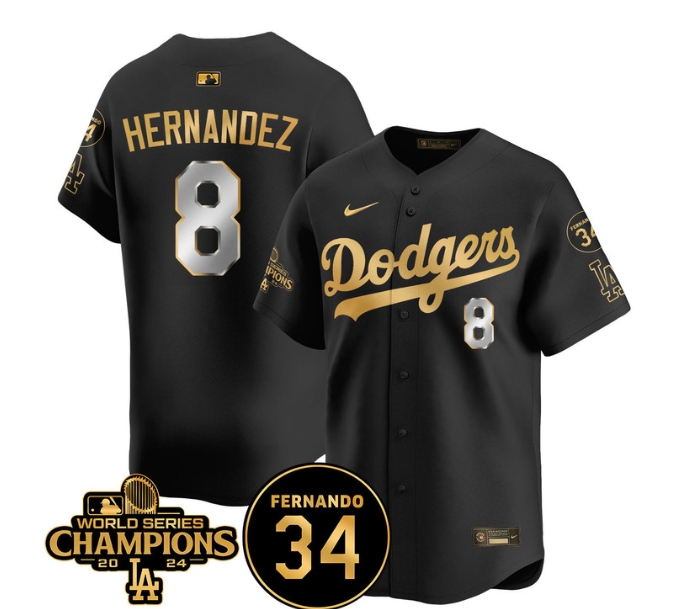 Men's LA Dodgers - World Series Champions 2024Fernando Valenzuela Memorial Jersey - All Stitched N1 BLACK GOLD 8 ENRIQUE HERNANDEZ