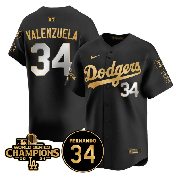 Men's LA Dodgers - World Series Champions 2024Fernando Valenzuela Memorial Jersey - All Stitched N1 BLACK GOLD