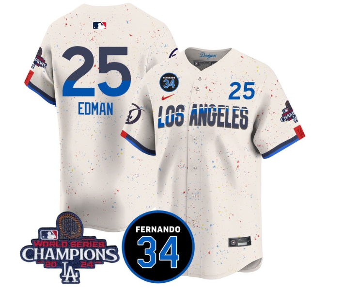 Men's LA Dodgers - World Series Champions 2024Fernando Valenzuela Memorial Jersey - All Stitched N1 CITY CONNECT 25 TOMMY EDMAN