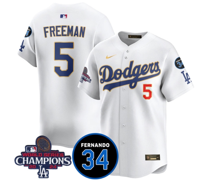Men's LA Dodgers - World Series Champions 2024Fernando Valenzuela Memorial Jersey - All Stitched N1 GOLD TRIM #5 FREDDIE FREEMAN