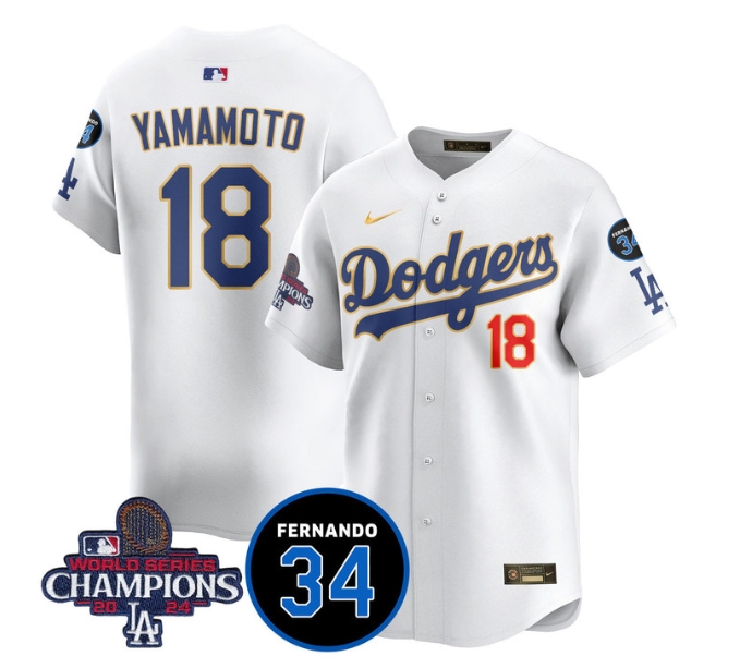Men's LA Dodgers - World Series Champions 2024Fernando Valenzuela Memorial Jersey - All Stitched N1 GOLD TRIM 18 YOSHINOBU YAMAMOTO