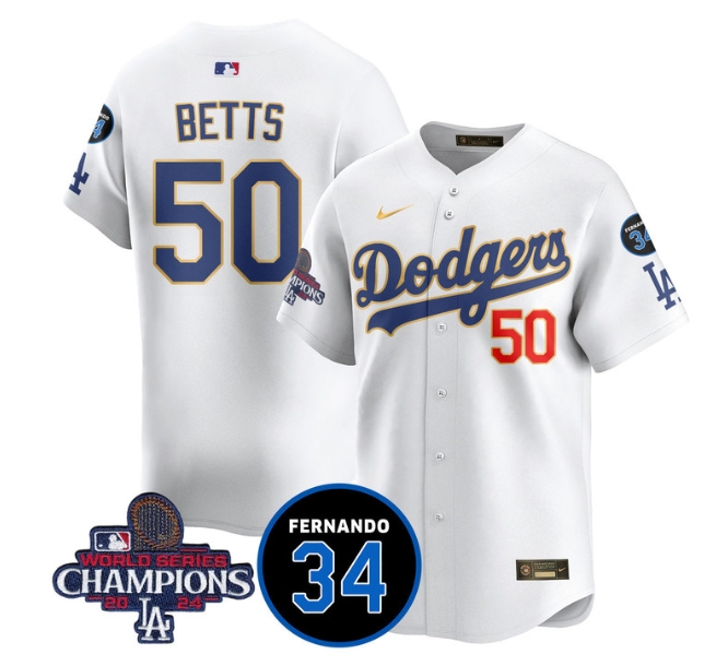 Men's LA Dodgers - World Series Champions 2024Fernando Valenzuela Memorial Jersey - All Stitched N1 GOLD TRIM 50 MOOKIE BETTS