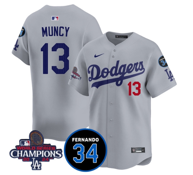 Men's LA Dodgers - World Series Champions 2024Fernando Valenzuela Memorial Jersey - All Stitched N1 GRAY 13 MAX MUNCY