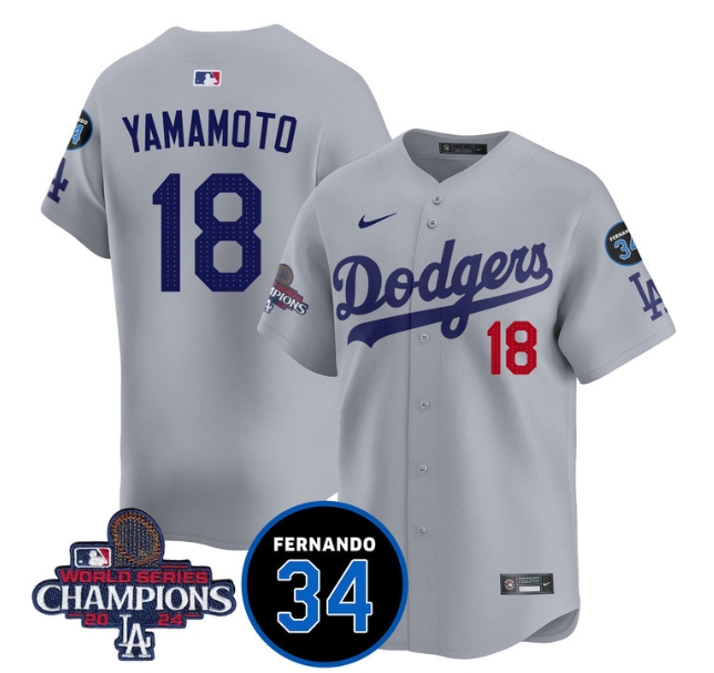 Men's LA Dodgers - World Series Champions 2024Fernando Valenzuela Memorial Jersey - All Stitched N1 GRAY 18 YOSHINOBU YAMAMOTO