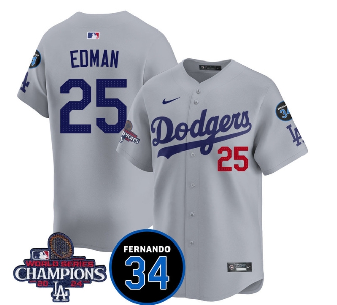 Men's LA Dodgers - World Series Champions 2024Fernando Valenzuela Memorial Jersey - All Stitched N1 GRAY 25 TOMMY EDMAN
