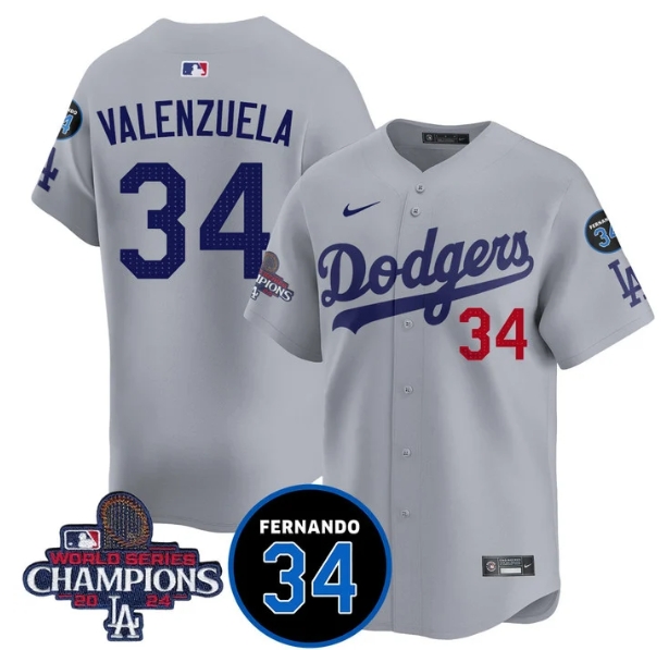 Men's LA Dodgers - World Series Champions 2024Fernando Valenzuela Memorial Jersey - All Stitched N1 GRAY 34