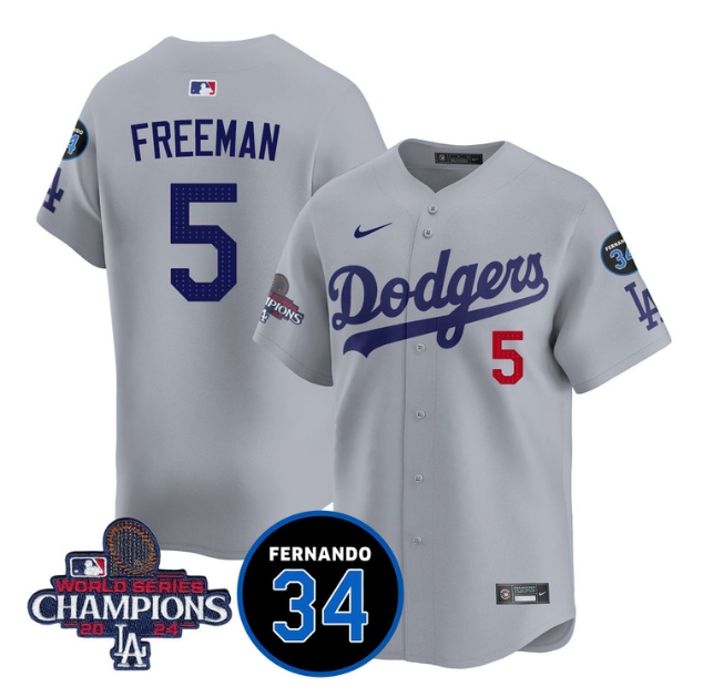Men's LA Dodgers - World Series Champions 2024Fernando Valenzuela Memorial Jersey - All Stitched N1 GRAY 5 FREDDIE FREEMAN